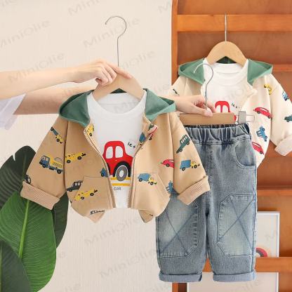 Toddler Baby Boy Car Print Hooded Jacket and Denim 3-piece Set - image 1