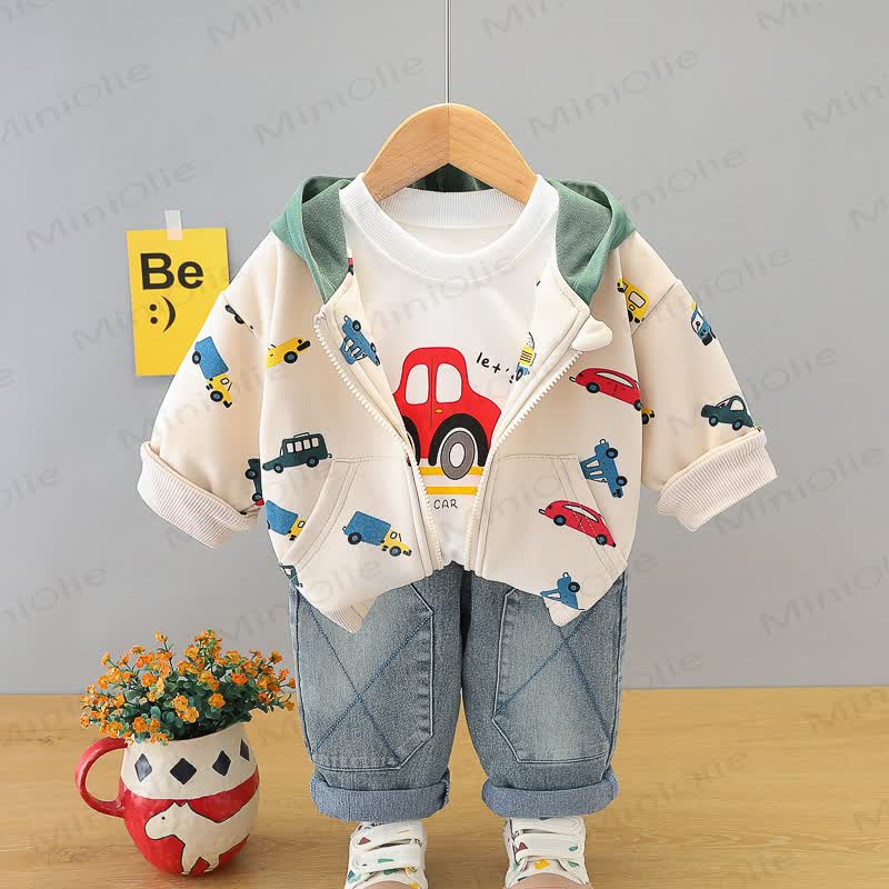 Toddler Baby Boy Car Print Hooded Jacket and Denim 3-piece Set - Beige - 4-5T - image 3
