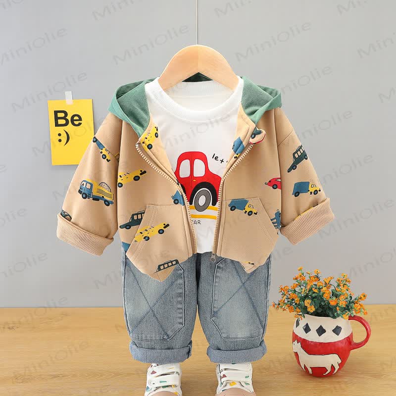 Toddler Baby Boy Car Print Hooded Jacket and Denim 3-piece Set - Khaki - 4-5T - image 2