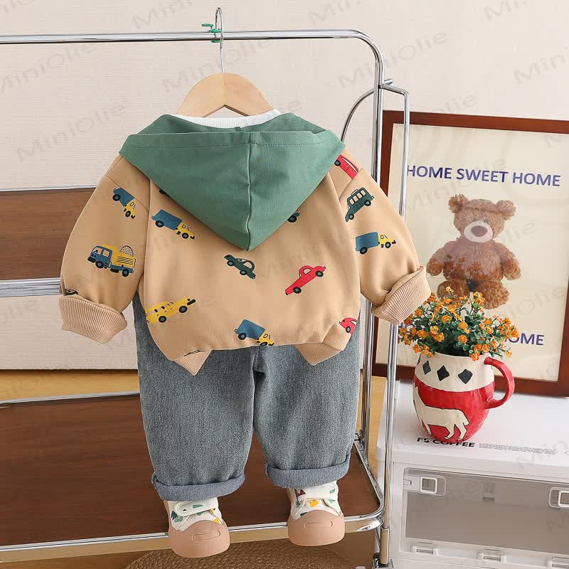 Toddler Baby Boy Car Print Hooded Jacket and Denim 3-piece Set - image 4