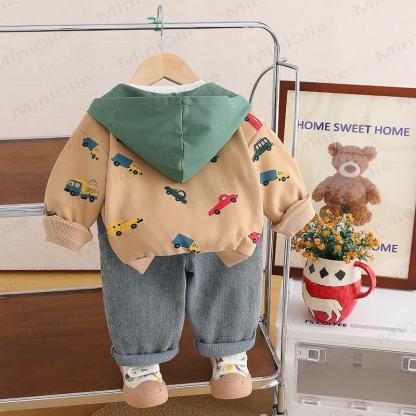 Toddler Baby Boy Car Print Hooded Jacket and Denim 3-piece Set - image 4