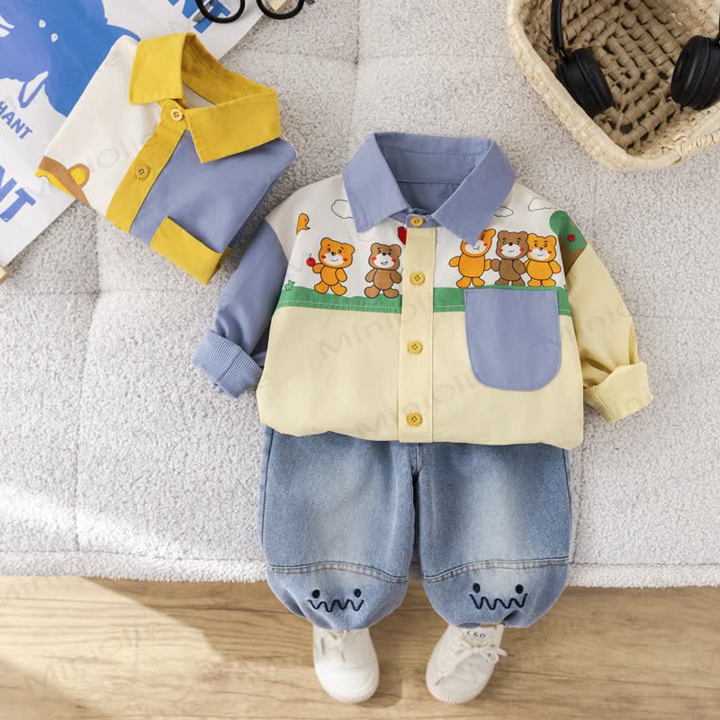Toddler Baby Boy Bear Colorblock Shirt and Denim Jogger 2-piece Set - image 1