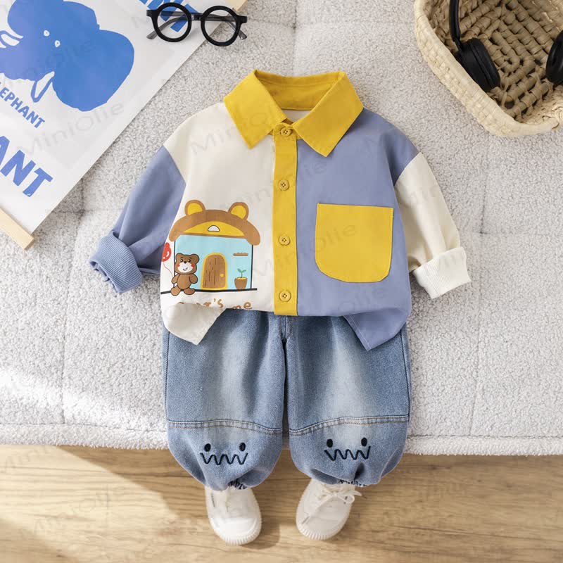 Toddler Baby Boy Bear Colorblock Shirt and Denim Jogger 2-piece Set - Yellow - 4-5T - image 3