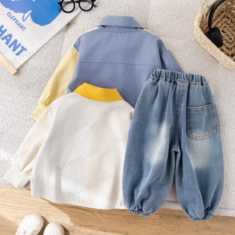 Toddler Baby Boy Bear Colorblock Shirt and Denim Jogger 2-piece Set - image 4