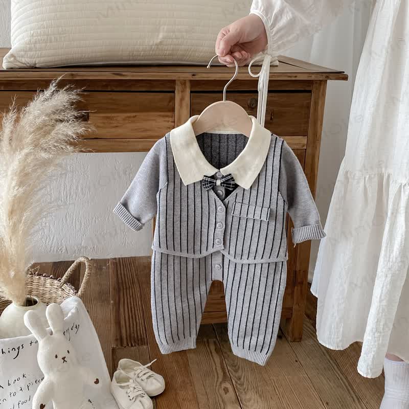 Baby Knit Bow Tie Gentleman Style Romper - Gray - 18-24M - image 1