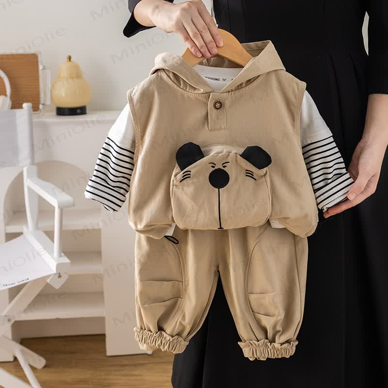 Baby Toddler Boy Bear Pocket Hooded 3-piece Set - Beige - 4-5T - image 2