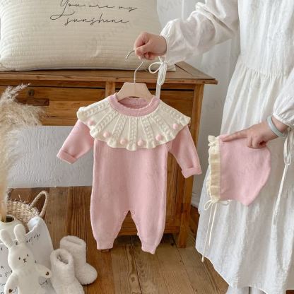 Baby Knit Ruffle Collar Romper with Hat - Pink - 18-24M - image 3