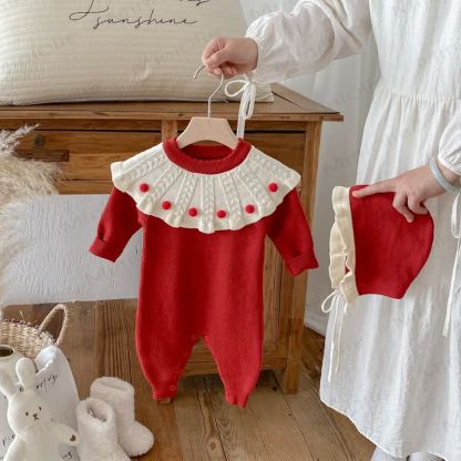 Baby Knit Ruffle Collar Romper with Hat - Red - 18-24M - image 6