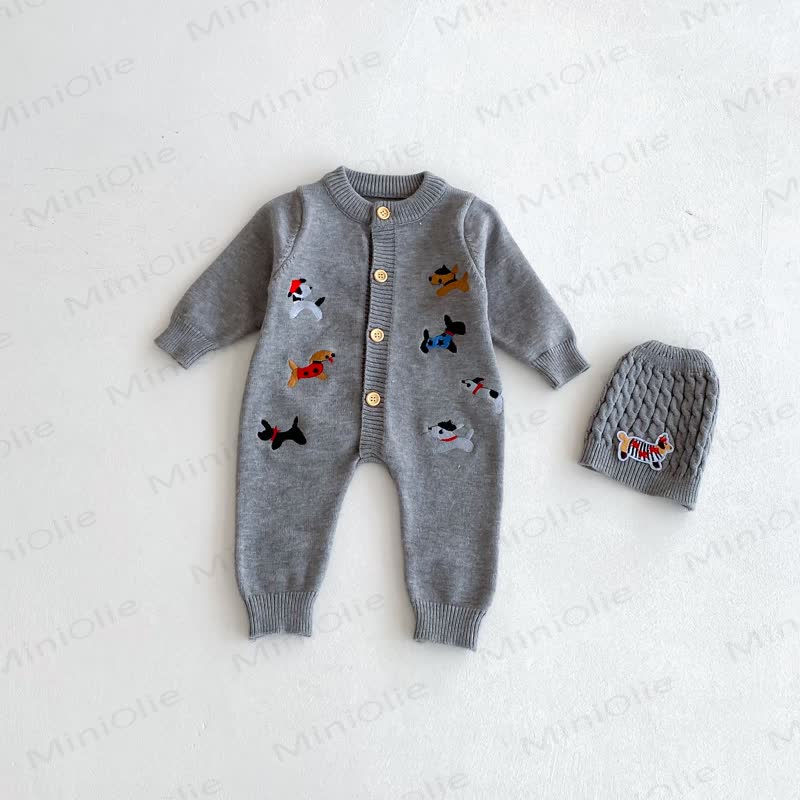 Baby Puppy Knit Romper with Hat - Gray - 18-24M - image 2