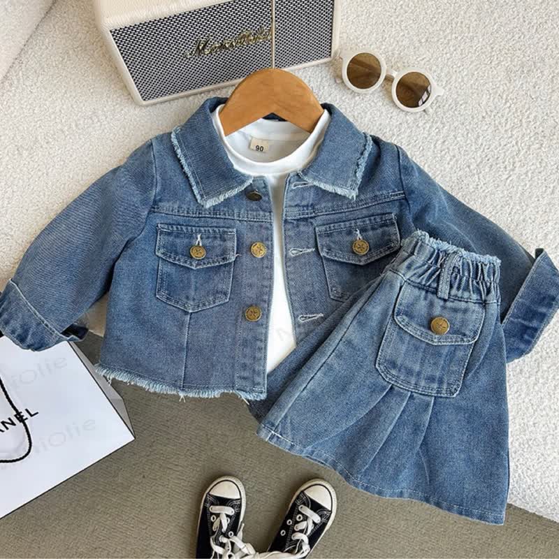 Toddler Girl Frayed Hem Denim Jacket and Skirt 2-piece Set - Blue - 10-11T - image 1