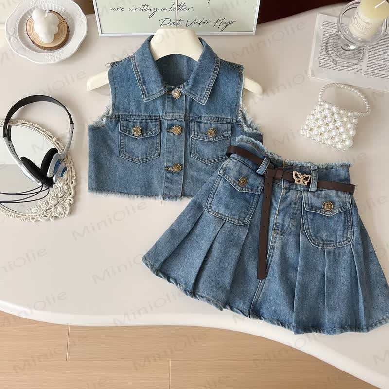 Toddler Girl Denim Vest and Pleated Skirt 2-piece Set - Blue - 10-11T - image 1
