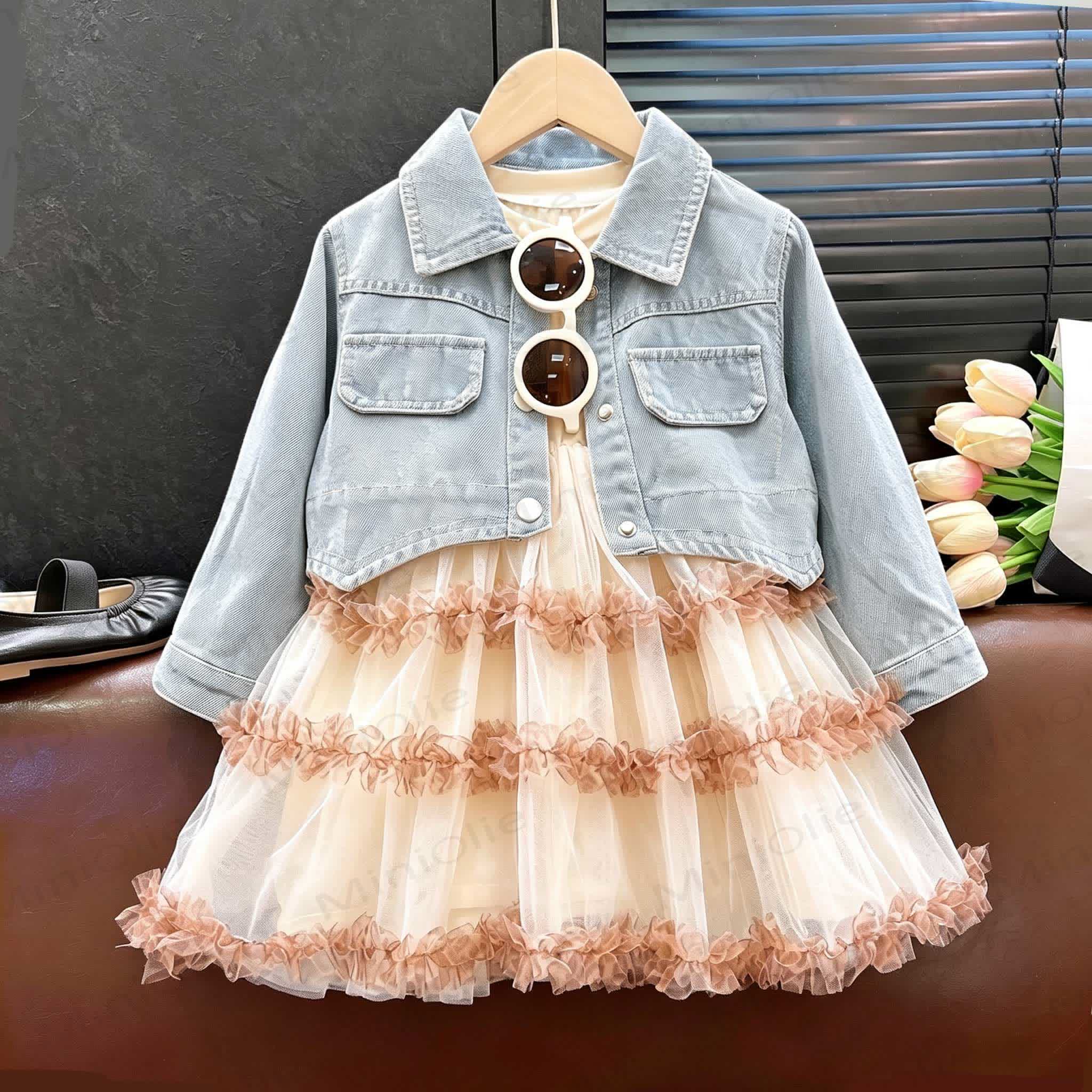 Toddler Girl Denim Jacket Tulle Dress Set - image 1