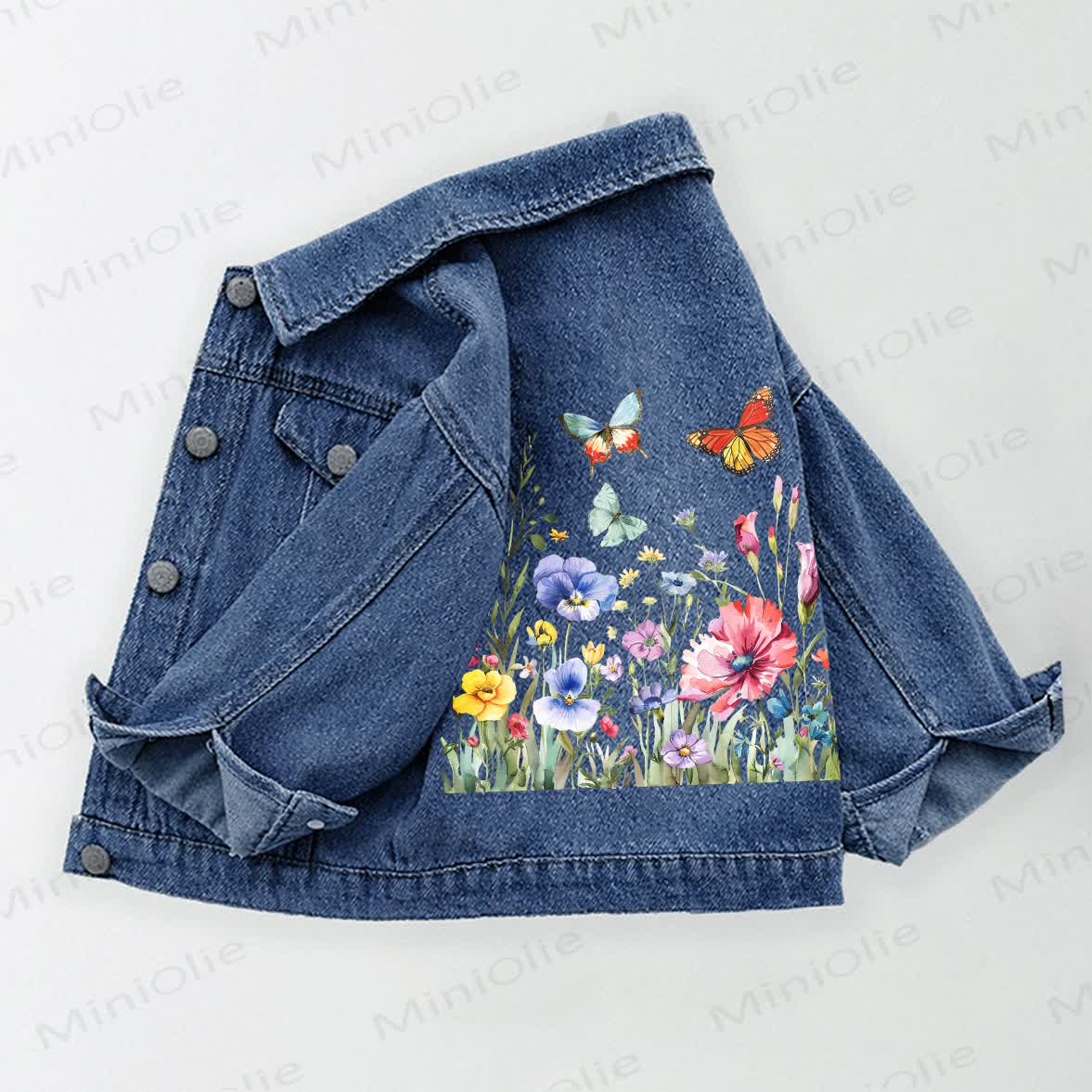 Toddler Kid Watercolor Butterfly And Flower Print Denim Jacket - Blue - 10-11T - image 1