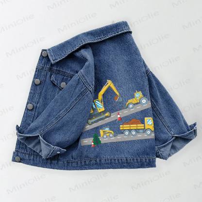 Toddler Kid Construction Vehicle Print Denim Jacket - Blue - 10-11T - image 1
