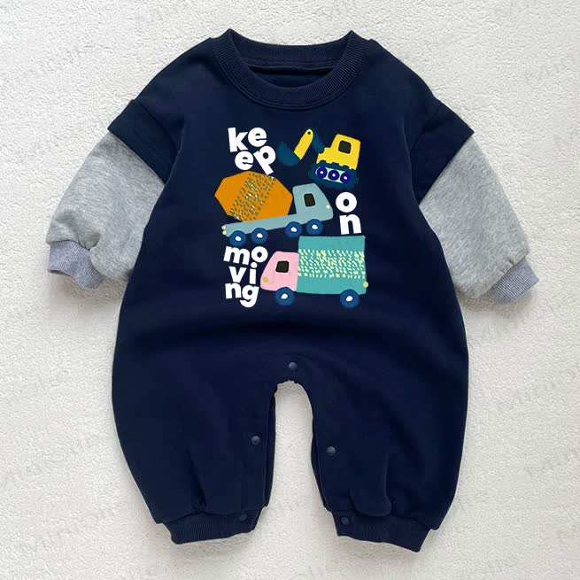 KEEP ON MOVING Baby Toddler Vehicle Print Dark Blue Color Block Romper - Dark Blue - 18-24M - image 1