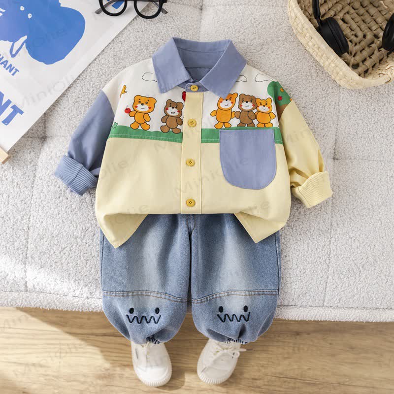 Toddler Baby Boy Bear Colorblock Shirt and Denim Jogger 2-piece Set - Blue - 4-5T - image 2