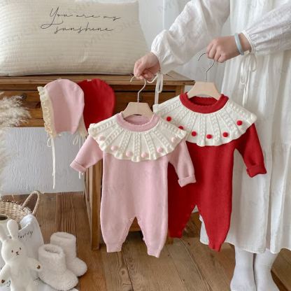 Baby Knit Ruffle Collar Romper with Hat - image 1