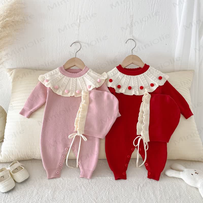 Baby Knit Ruffle Collar Romper with Hat - image 2