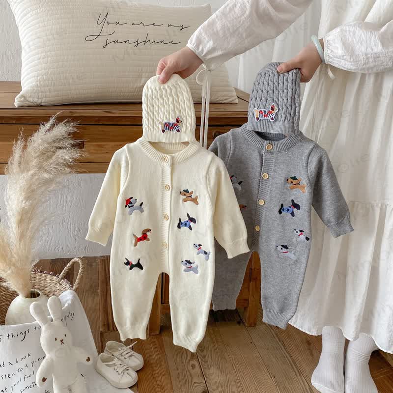 Baby Puppy Knit Romper with Hat - image 1