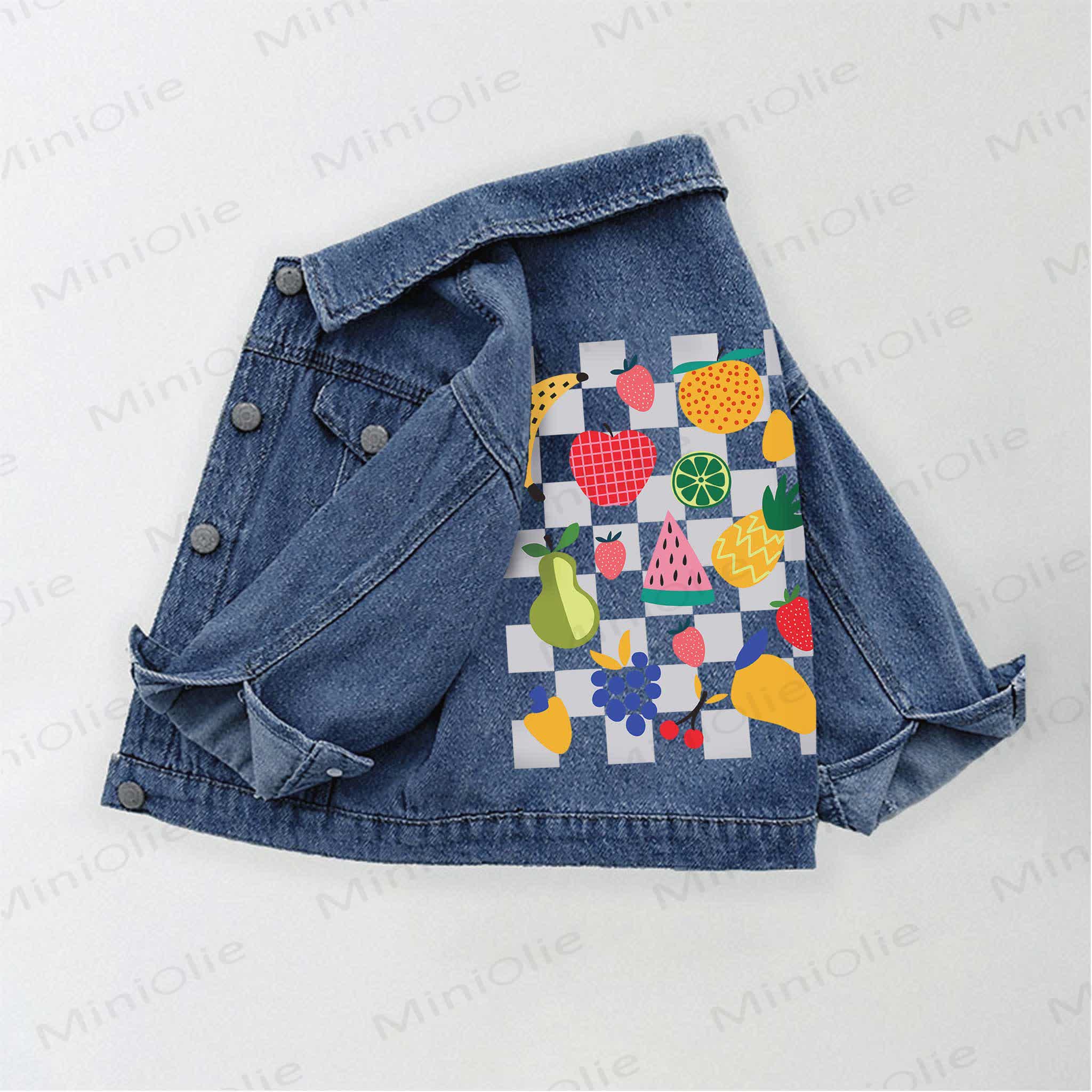 Toddler Kid Checkerboard Mixed Fruit Print Denim Jacket - Blue - 10-11T - image 1
