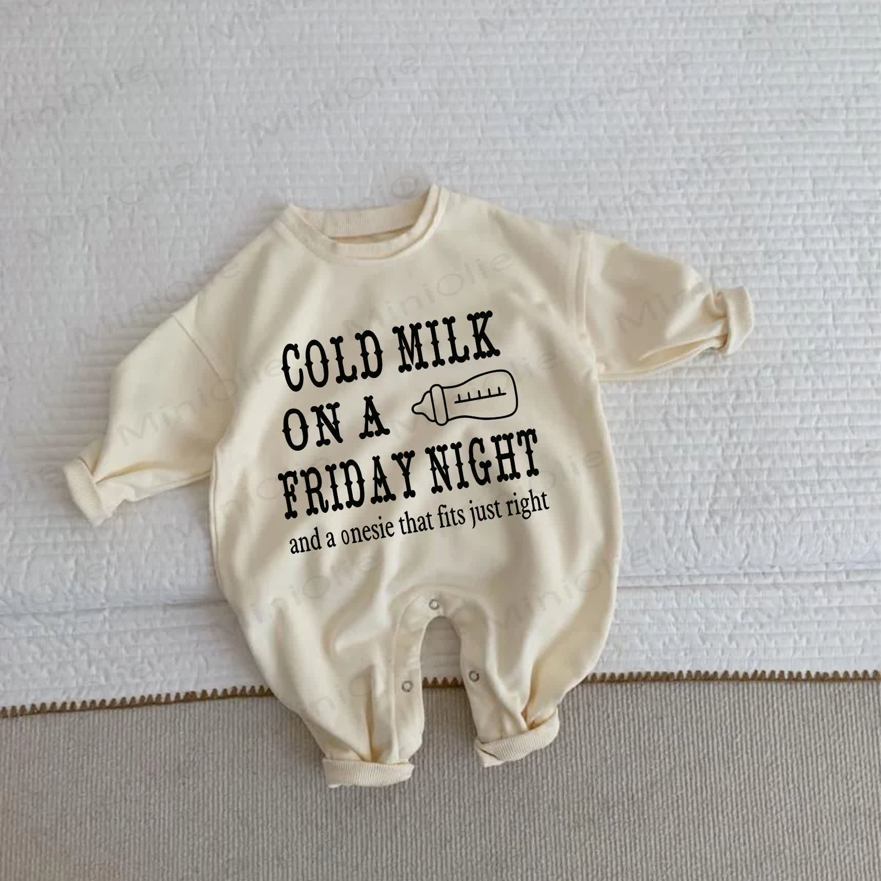 COLD MILK ON A FRIDAY NIGHT AND A ONESIE THAT FITS JUST RIGHT Baby Beige Romper - Beige - 2-3T - image 1