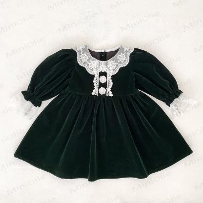 Baby Girl Velvet Lace Collar Dress and Bodysuit - Green Dress - 6-7T - image 6