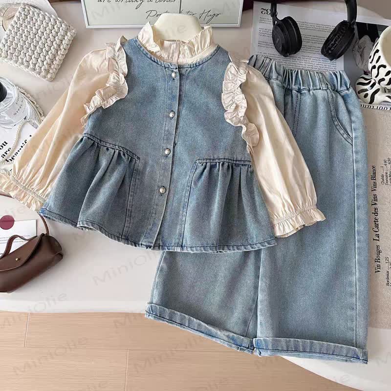 Toddler Kid Girl Ruffle Denim Layered 3-piece Set - Blue - 8-9T - image 1
