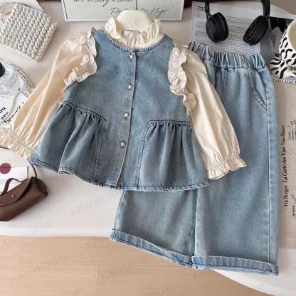 Toddler Kid Girl Ruffle Denim Layered 3-piece Set - Blue - 8-9T - image 1
