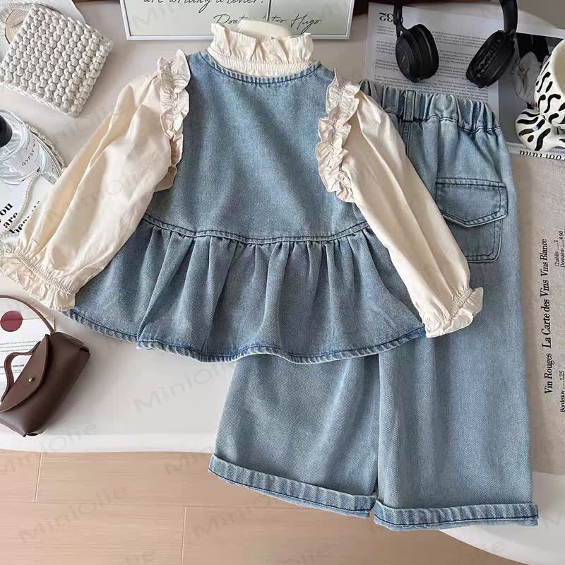 Toddler Kid Girl Ruffle Denim Layered 3-piece Set - image 2