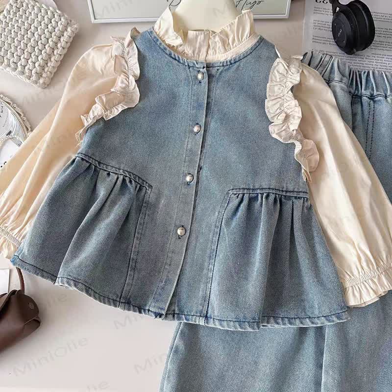 Toddler Kid Girl Ruffle Denim Layered 3-piece Set - image 3