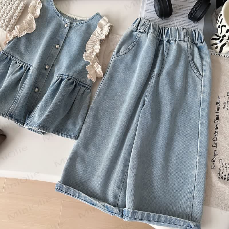 Toddler Kid Girl Ruffle Denim Layered 3-piece Set - image 5