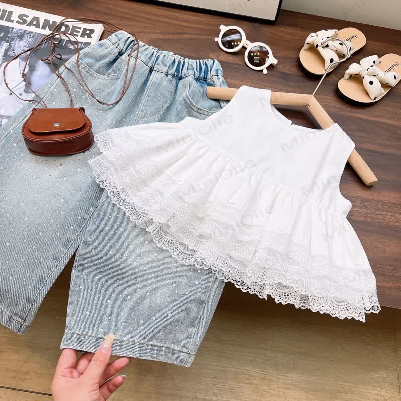 Toddler Kid Girl White Ruffle Lace Top and Denim Pants 2-piece Set - White - 8-9T - image 1