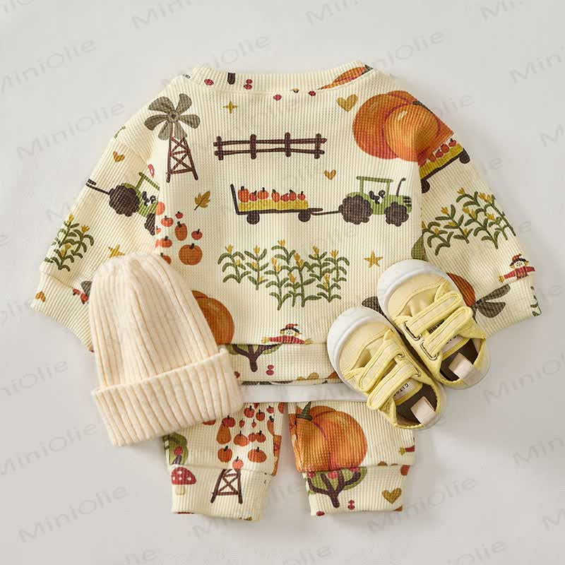 Baby Pumpkin Print Yellow Waffle Sweatshirt 2-piece Set - image 3