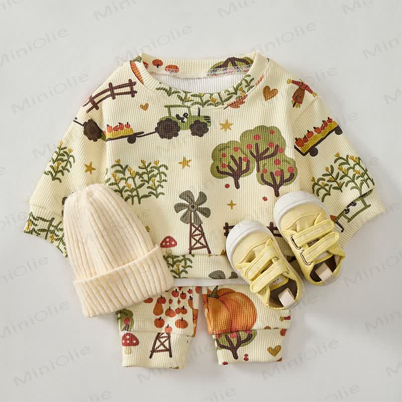 Baby Pumpkin Print Yellow Waffle Sweatshirt 2-piece Set - image 2