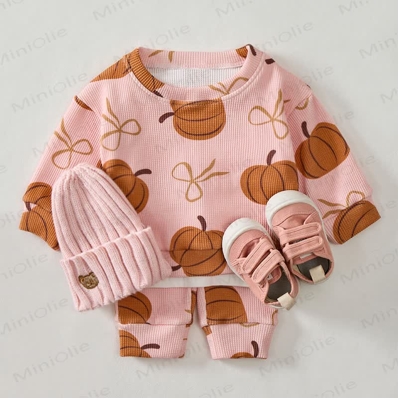 Baby Pumpkin Bow Pink Waffle Sweartshit and Pants 2-piece Set - image 2