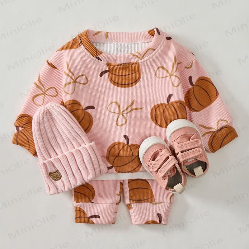 Baby Pumpkin Bow Pink Waffle Sweartshit and Pants 2-piece Set - image 2