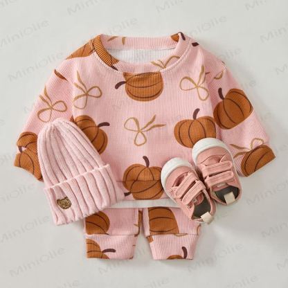Baby Pumpkin Bow Pink Waffle Sweartshit and Pants 2-piece Set - image 2