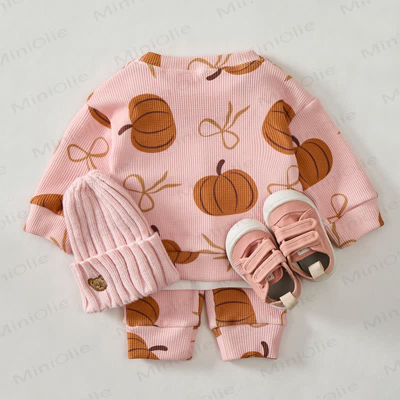 Baby Pumpkin Bow Pink Waffle Sweartshit and Pants 2-piece Set - image 3