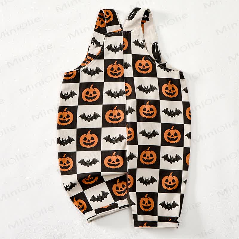 Baby Toddler Pumpkin Bat Black White Checkerboard Print Beige Overalls - image 3