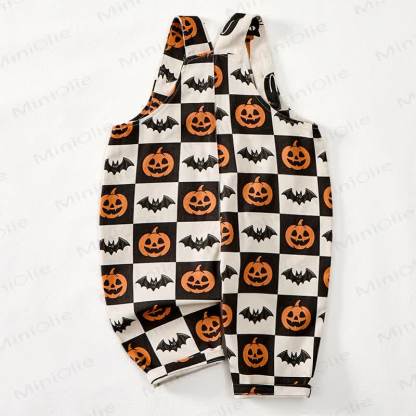 Baby Toddler Pumpkin Bat Black White Checkerboard Print Beige Overalls - image 3