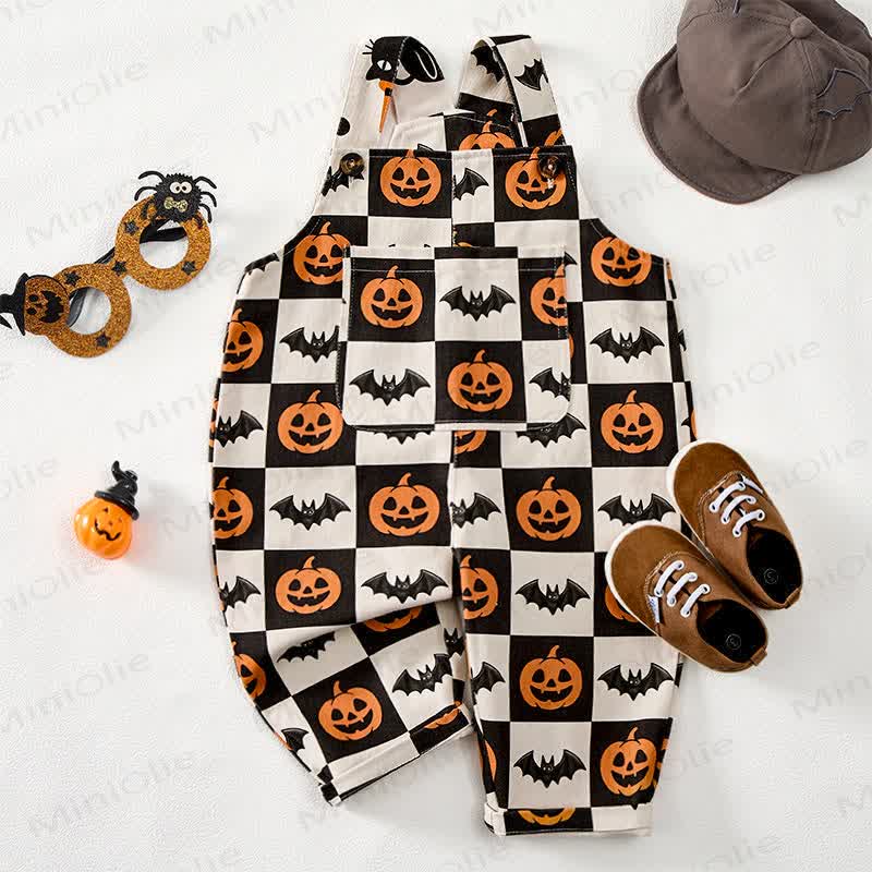 Baby Toddler Pumpkin Bat Black White Checkerboard Print Beige Overalls - image 2