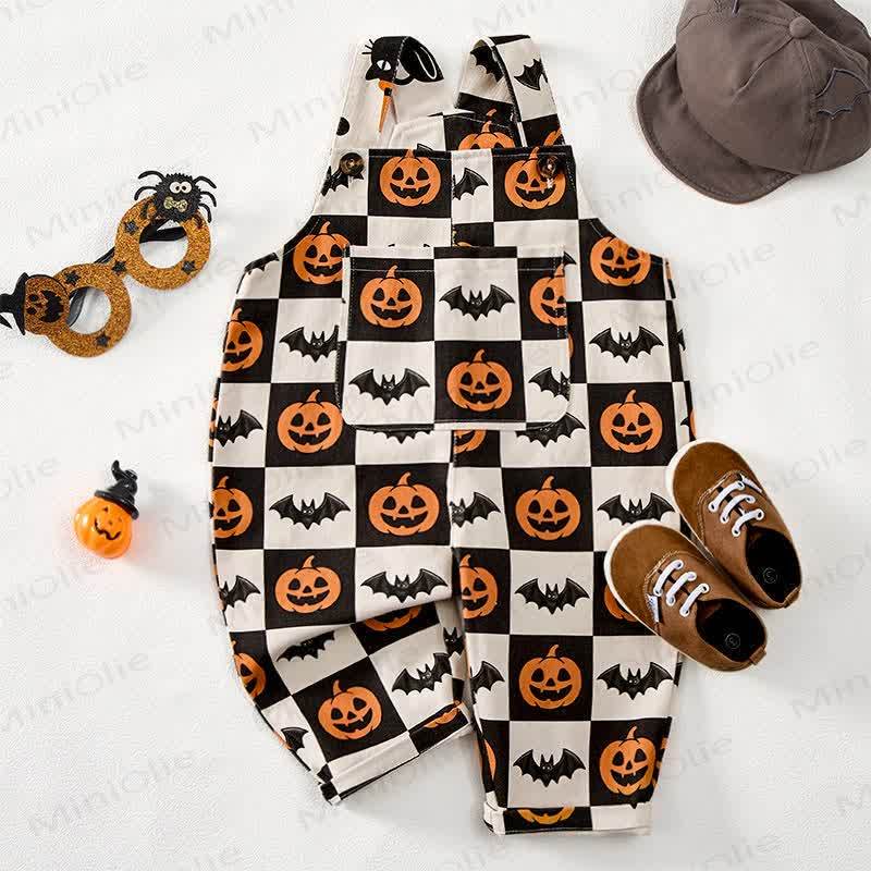 Baby Toddler Pumpkin Bat Black White Checkerboard Print Beige Overalls - image 2