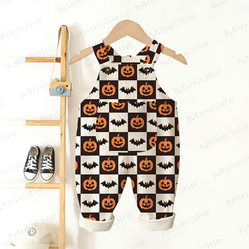 Baby Toddler Pumpkin Bat Black White Checkerboard Print Beige Overalls - Beige - 3-5T - image 1