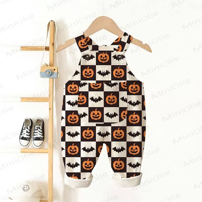 Baby Toddler Pumpkin Bat Black White Checkerboard Print Beige Overalls - Beige - 3-5T - image 1