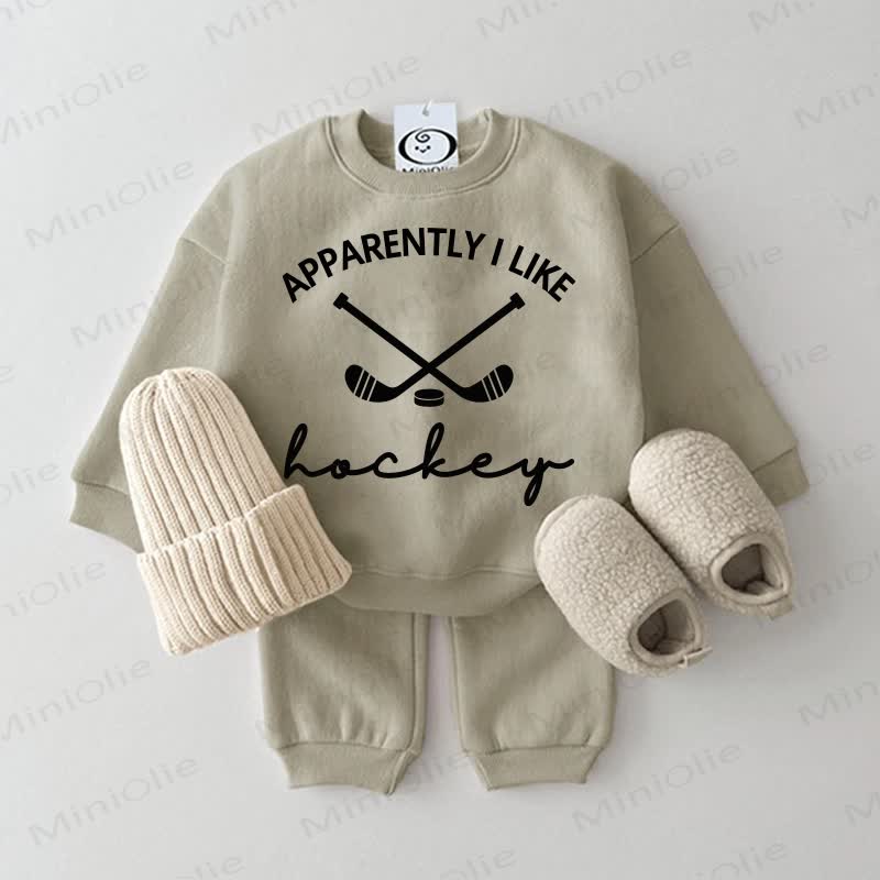 APPARENTY I LIKE HOCKEY Baby Grey Green Sweatshirt 2-piece Set - Grey Green - 2-3T - image 1