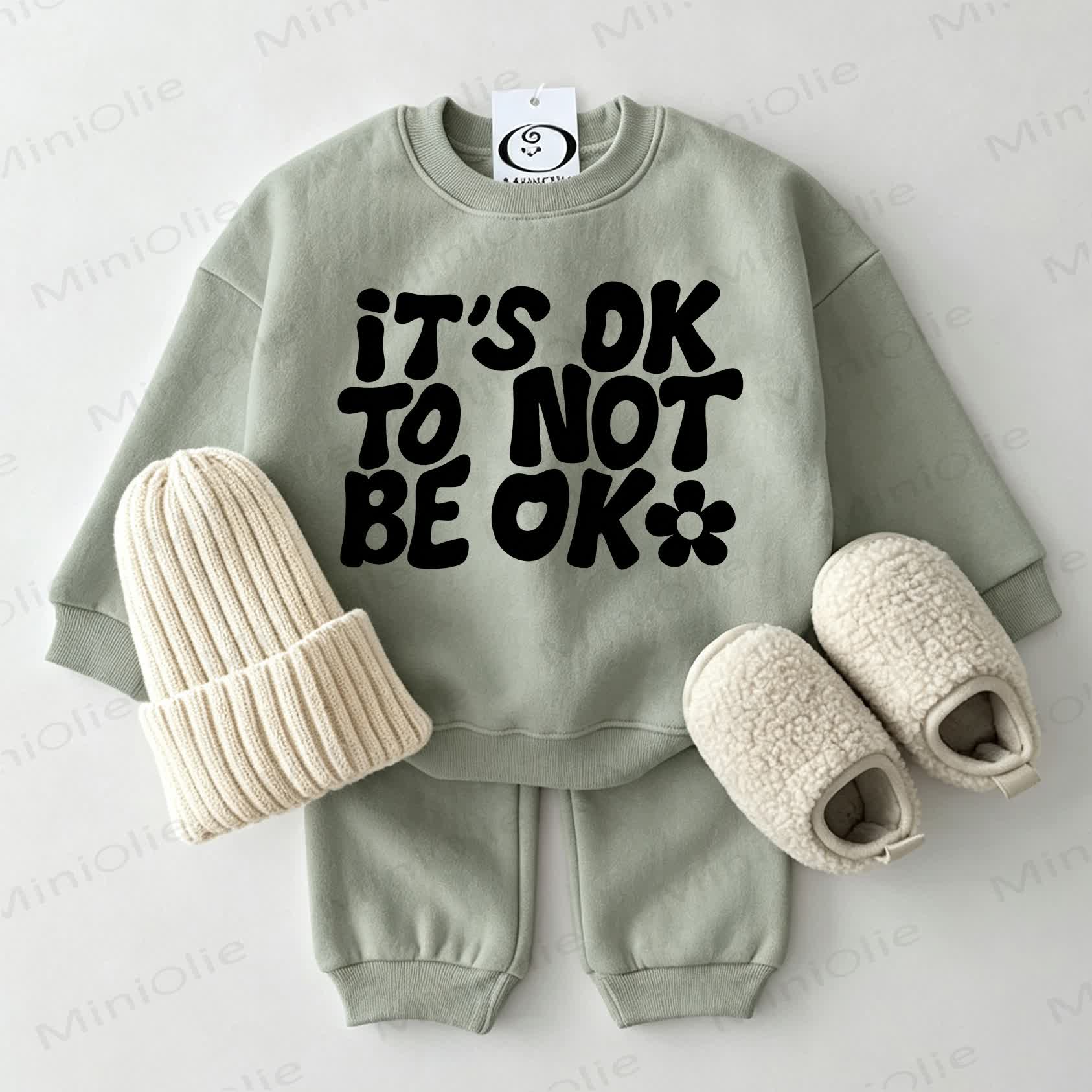IT'S OK TO NOT BE OK Baby Sweatshirt 2-piece Grey Green Set - Grey Green - 2-3T - image 1