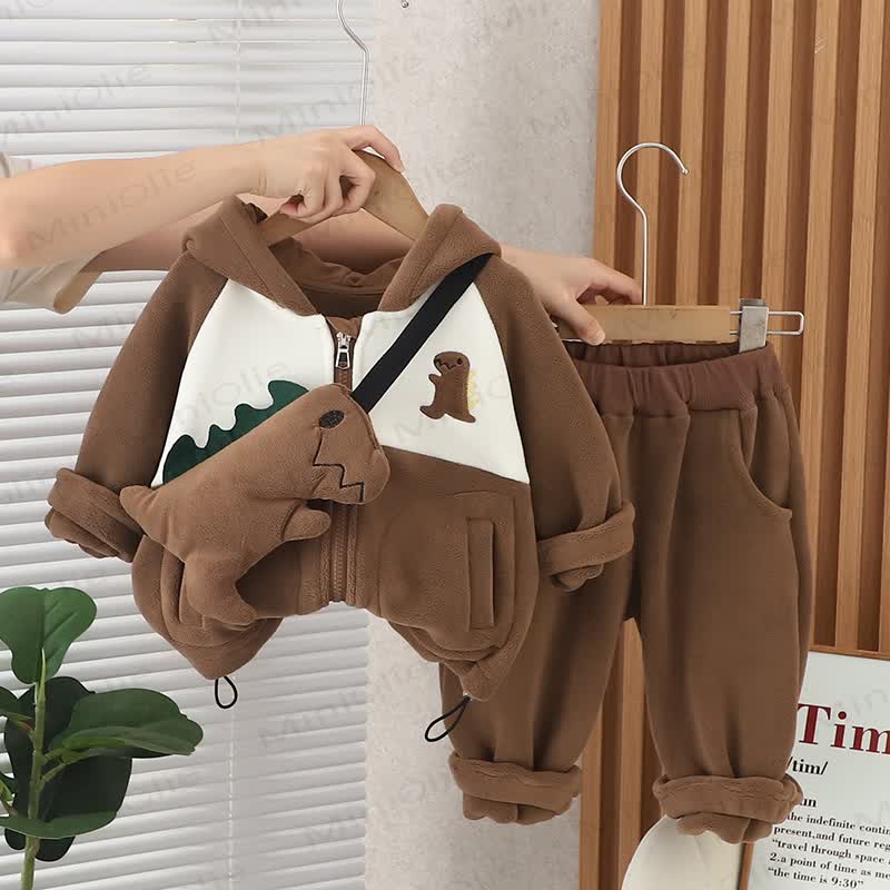 Baby Toddler Cozy Dinosaur Hooded Jacket and Pants 2-piece Set - Brown - 4-5T - image 2