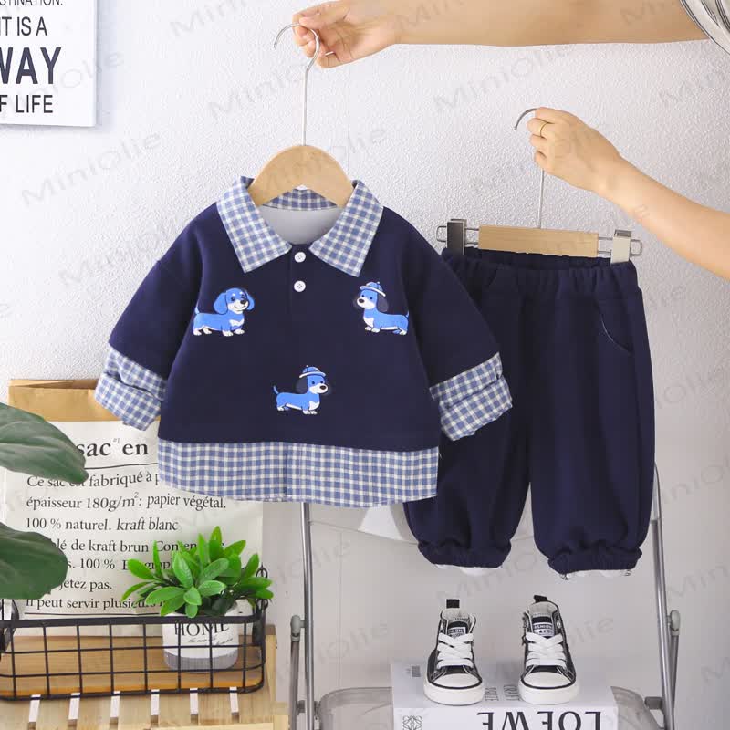 Baby Toddler Puppy Plaid Layered-Look Sweatshirt and Pants 2-piece Set - Navy - 4-5T - image 1