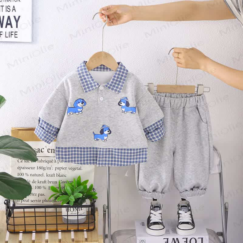 Baby Toddler Puppy Plaid Layered-Look Sweatshirt and Pants 2-piece Set - Gray - 4-5T - image 2