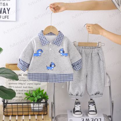 Baby Toddler Puppy Plaid Layered-Look Sweatshirt and Pants 2-piece Set - Gray - 4-5T - image 2